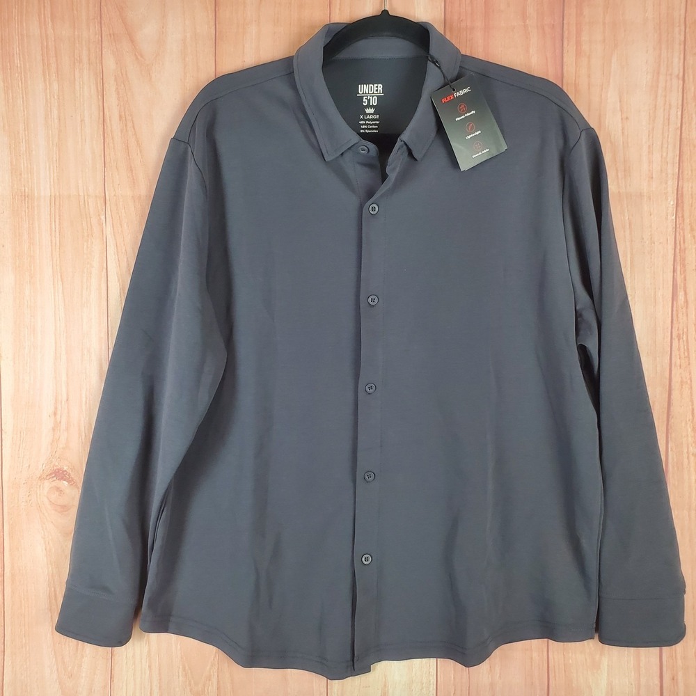 Under 5'10 Men Shirt XL Dark Gray Polyester Cotton Stretch Long Sleeve Button Up